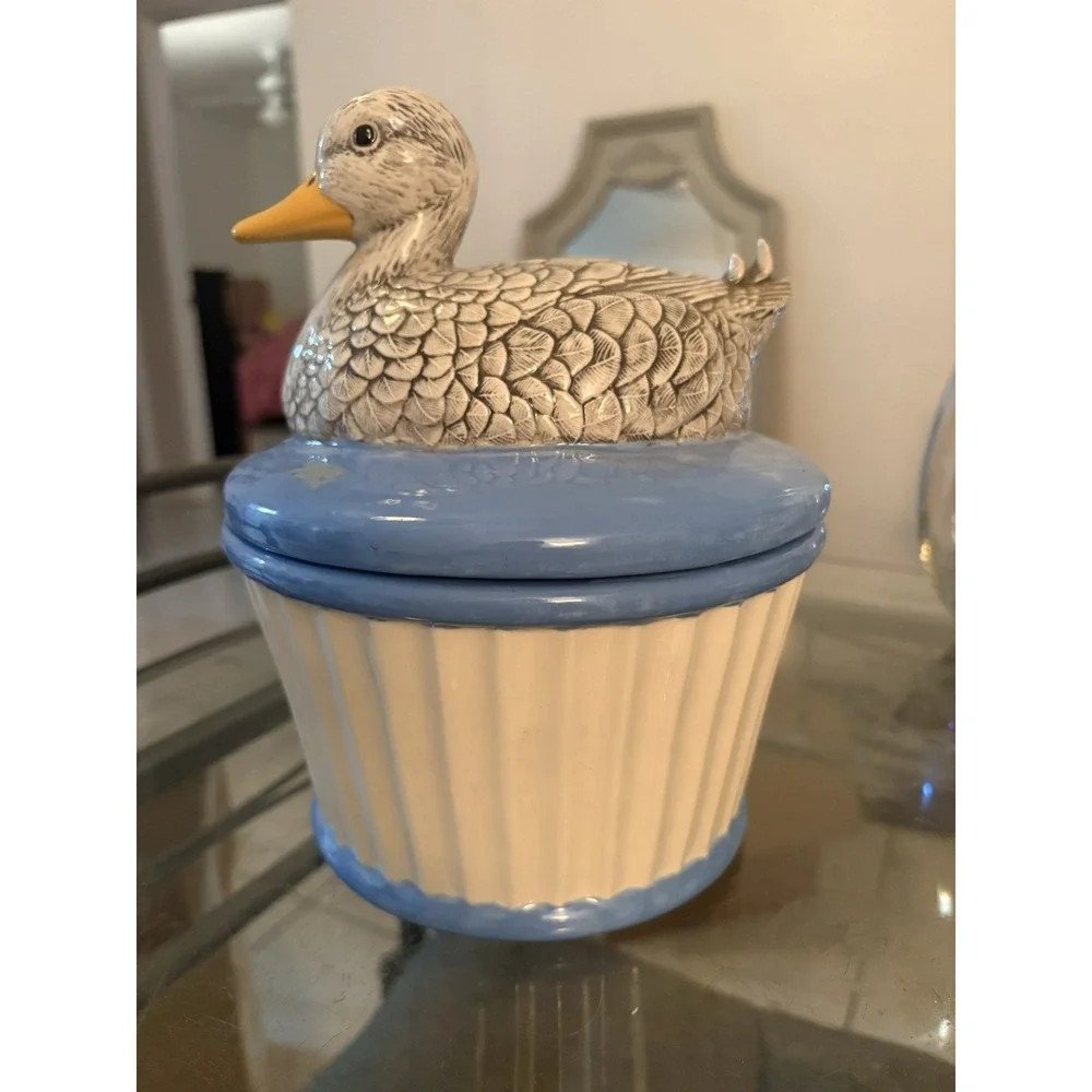 VTG 1985 Scioto Mold Ceramic Duck Cookie Jar Canister Container Blue White